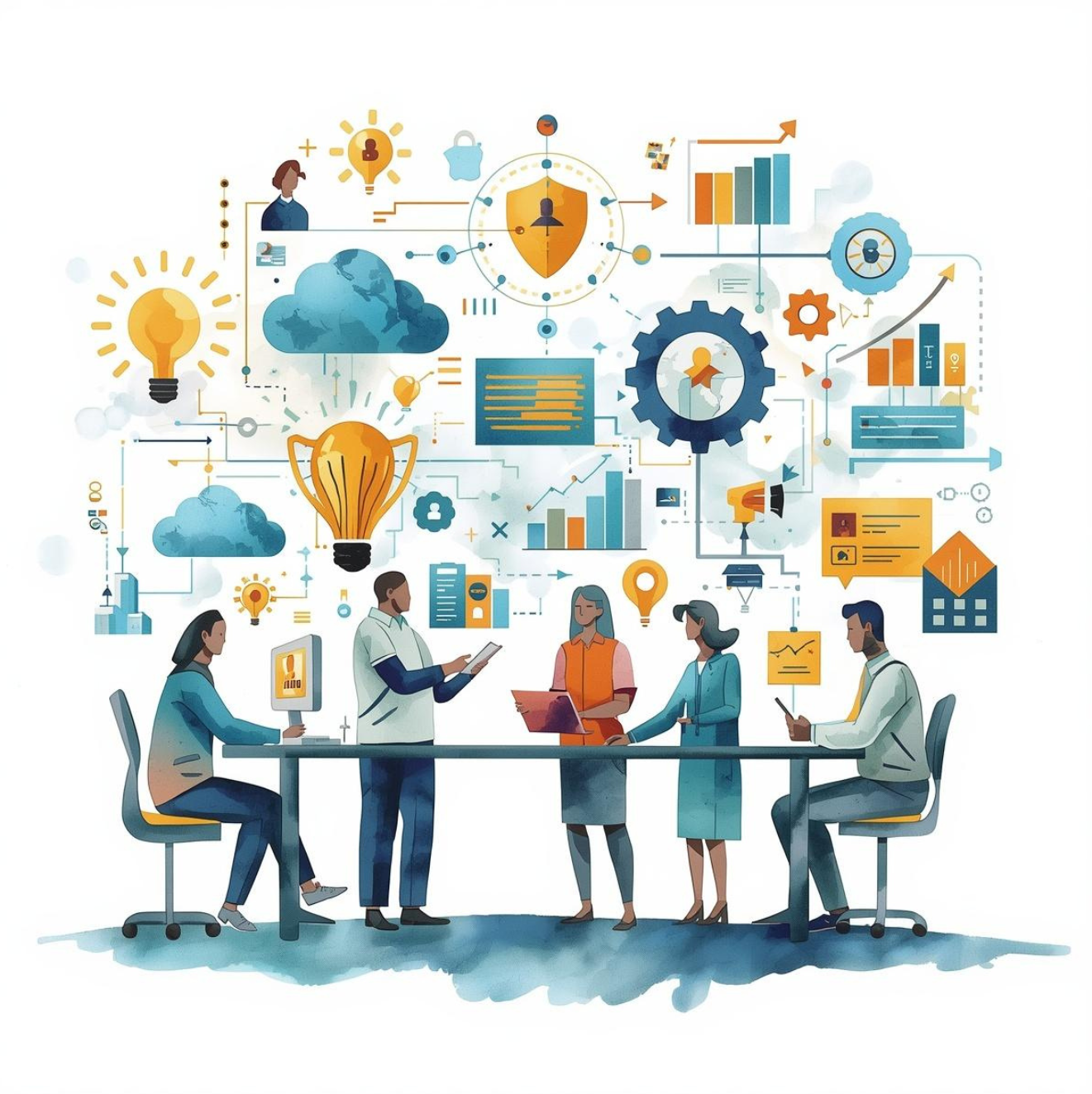 Illustration of a business team collaborating with IT, cloud, and workflow systems