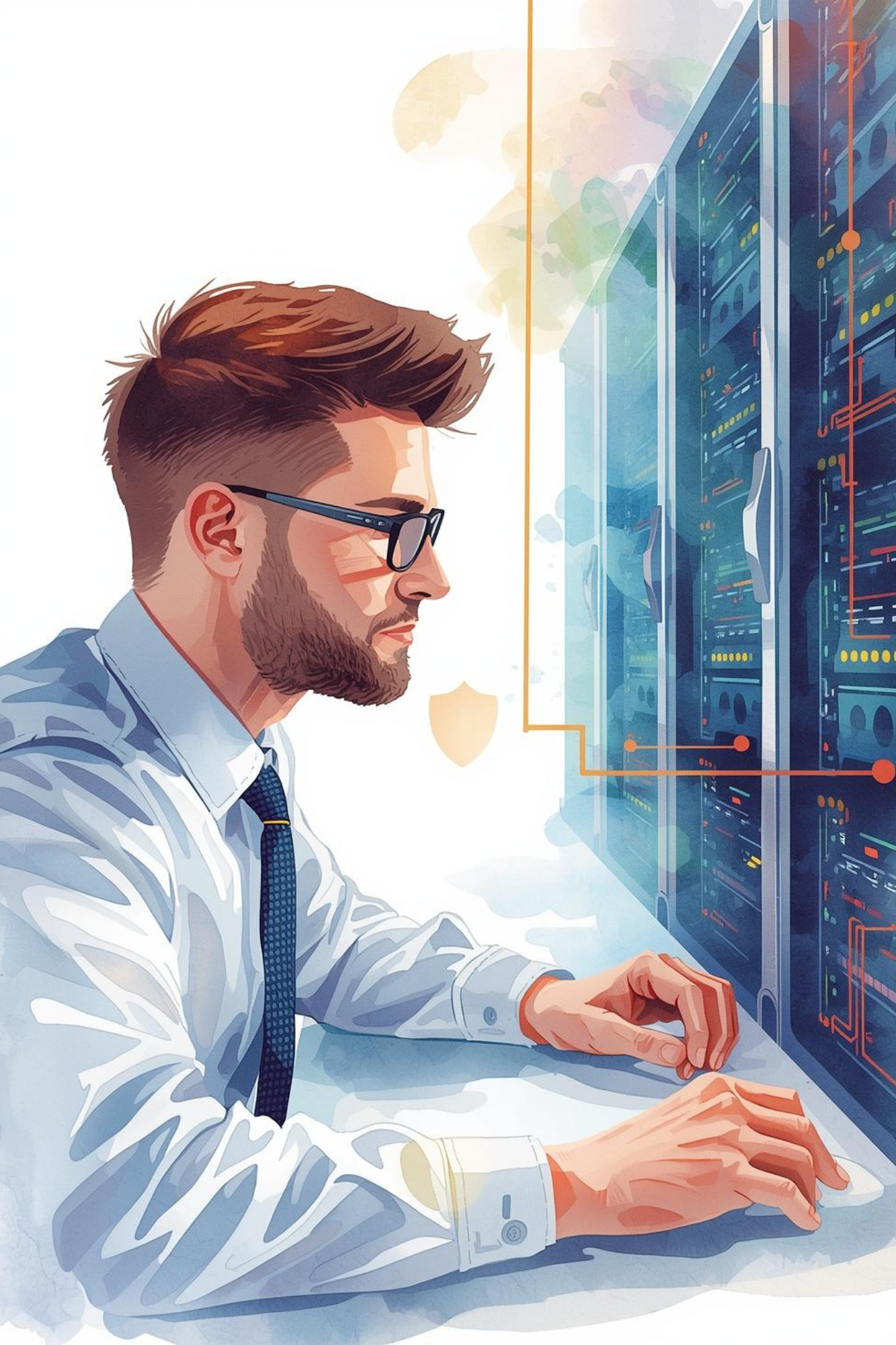 IT professional working beside business infrastructure systems